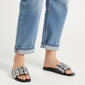 Lauren Lorraine Womens 6.5 Black Crystal Rhinestone Slide Sandals Jeweled Dress